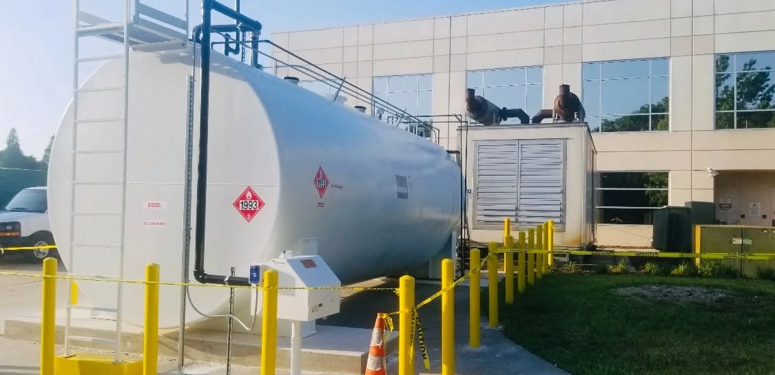 Aboveground fuel tank beside a commercial building